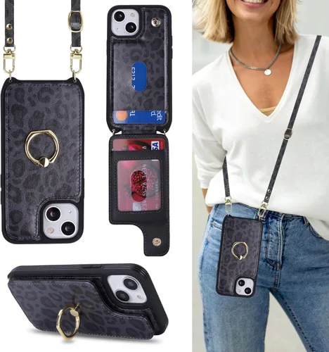 Miniatura 11 de Lipvina Funda para iPhone 13 Mini con tarjetero y correa para mujer, cordón cruzado, soporte de anillo con soporte, cierre a presión, bloqueo RFID