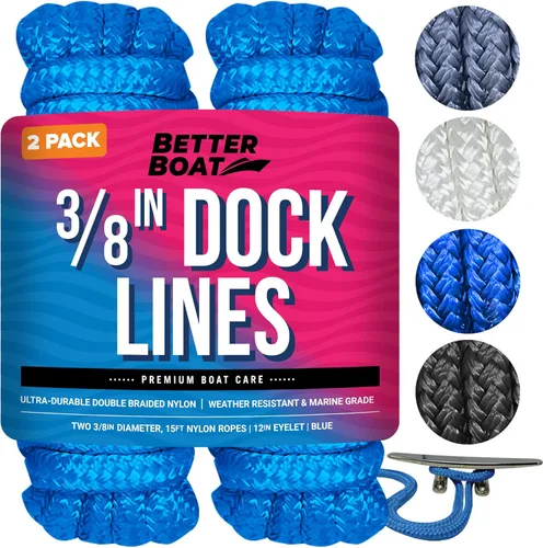 Dock Lines - Cuerdas de barco para acoplamiento, cuerda marina de amarre trenzada doble de 3/8 pulgadas, cuerda de nailon de 15 pies con bucle, Azul