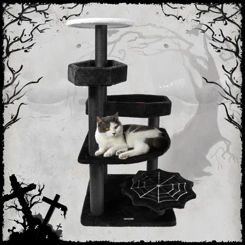 Miniatura 7 de KAMABOKO Árbol gótico para gatos con cama de ataúd, torre negra de 46.9 pulgadas para gatos de interior con postes rascadores, torre de árbol