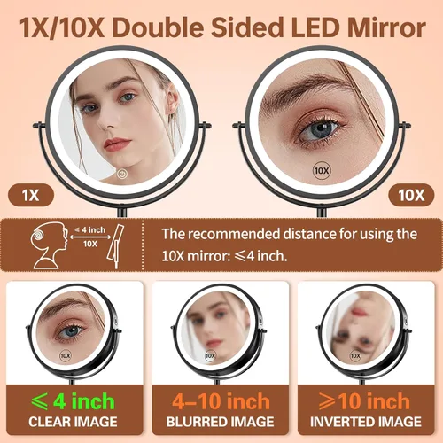 Miniatura 4 de Benbilry Espejo de tocador de maquillaje iluminado de 8 pulgadas con luces, 3 colores regulables, aumento 1X/10X, espejo cosmético con luz de doble
