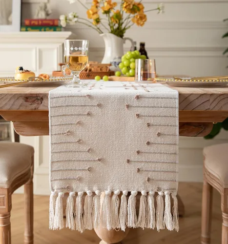 Miniatura 12 de Camino de Mesa Navideño de 13 x 108 Pulgadas de Largo, Algodón Natural Tejido con Borlas para Decoraciones Navideñas del Hogar y Comedor, para Rojo