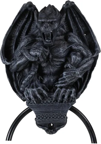 Miniatura 8 de Ebros Gift Aldaba de puerta con cabeza de gárgola de guardián gótico con anillo de metal, escultura de bola de golpeo, espíritu de Halloween, acento