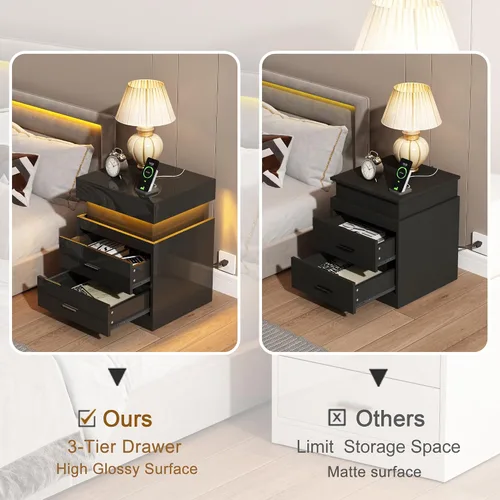 Miniatura 5 de ChooChoo Mesita de noche LED con estación de carga, mesita de noche inteligente con almacenamiento superior deslizante, mesa de noche de alto brillo