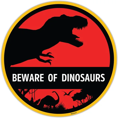 Venicor Letrero con texto en inglés «Beware of Dinosaurios» – 12 x 12 pulgadas – Aluminio – Decoración de habitación de dinosaurio para niños – T