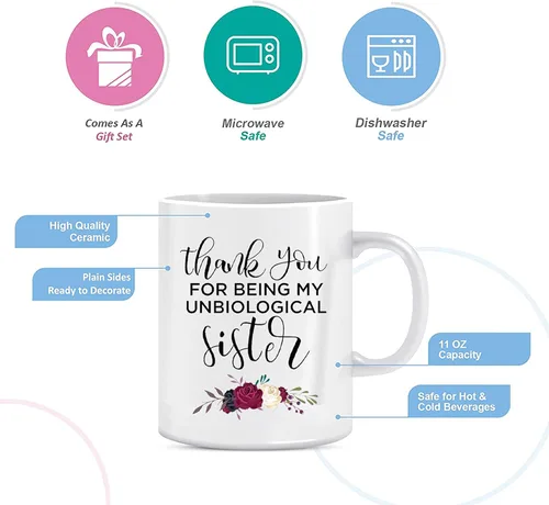 Miniatura 3 de BLUE RIBBON Taza del Día de las Hermanas, con texto en inglés "Thank You FOR BEING MY UNBIOLOGICAL Sister", divertida taza de café en caja de regalo
