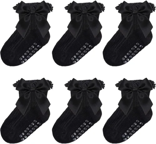 Miniatura 11 de Calcetines para bebé niña con agarre antideslizante con volantes con lazos, algodón suave, calcetines con empuñaduras para bebé recién nacido