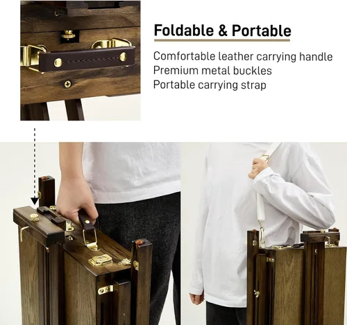 Miniatura 6 de ATWORTH Caballete francés para pintar, campo de madera de haya de lujo y caja de bocetos de estudio con bandeja lateral de metal, portátil y fácil