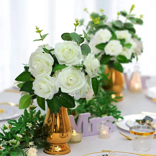 Miniatura 3 de SWEETIME Flores falsas para decoración, 50 ramos de rosas de espuma en caja, hojas verdes, paquete de cabeza de rosa sintética blanca crema