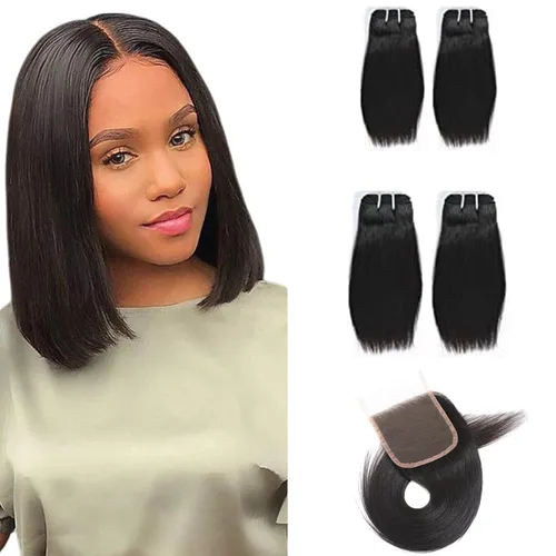 Miniatura 21 de Paquetes de cabello humano corto de 8 pulgadas 10A, pelo brasileño lacio virgen 100% cabello humano liso sin procesar, 4 paquetes 50g/Und