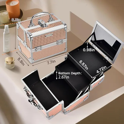 Miniatura 4 de FRENESSA Estuche de Maquillaje Tipo Maleta, Caja de Maquillaje Portátil con Espejo, Caja con Cerradura, Estuches de Maquillaje de Viaje Tipo Maleta