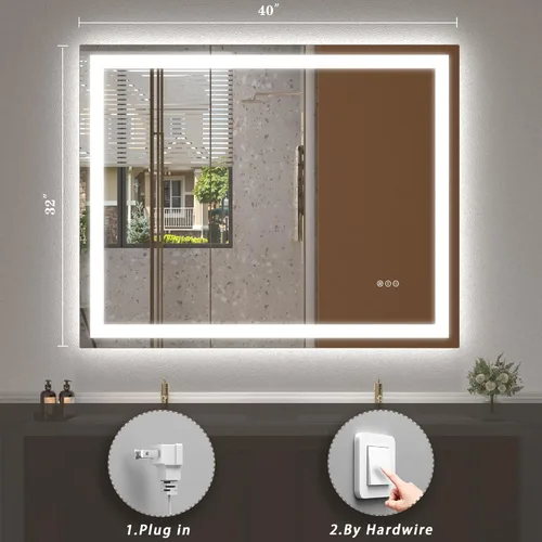 Miniatura 2 de 40x32 Espejo LED inteligente para baño, espejo de tocador regulable con luces, espejo de maquillaje retroiluminado y frontal para pared, antivaho