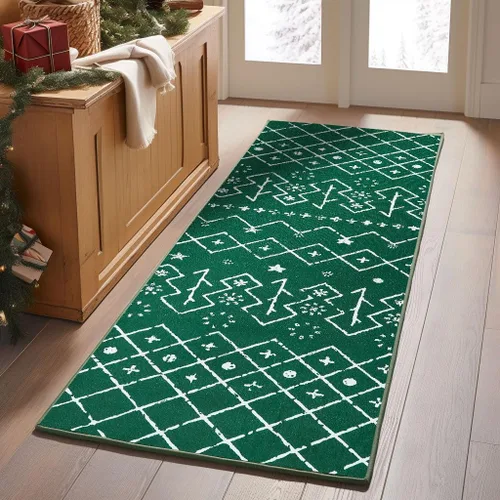 Miniatura 8 de COLLACT Alfombra de pasillo de Navidad de 2 x 10 pies, color verde sobre crema, alfombra de camino de árbol de Navidad, alfombra lavable, alfombra