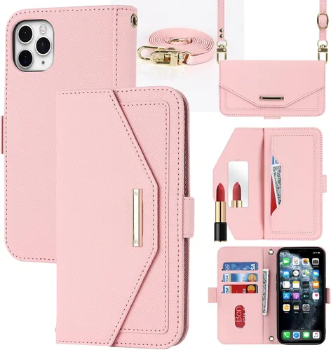 Funda tipo cartera cruzada para iPhone 11 Pro Max con correa de cordón, soporte para tarjetas de crédito de 6.5 pulgadas, funda para hombres,