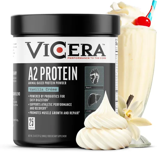 VICERA Proteína en polvo A2, crema de vainilla, 0.88 oz de proteína por porción, mezcla de caseína de suero orgánico A2/A2 con probióticos y sal