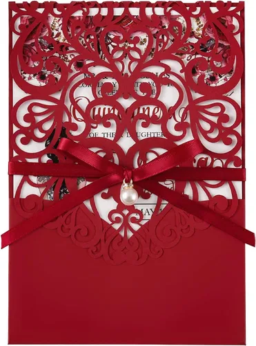 Miniatura 5 de 50 invitaciones de quinceañera personalizadas de 5x7.2 pulgadas, corte calado mediante láser, color rojo, con tarjetas RSVP y sobres, y banda