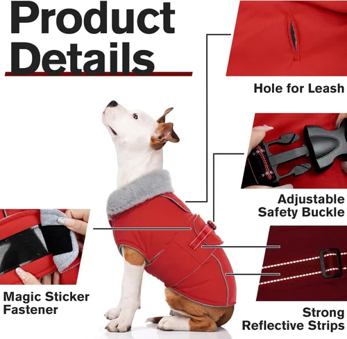 Miniatura 5 de Lelepet Abrigo cálido para perros – Chaleco reflectante impermeable de vellón con hebilla ajustable de gancho y bucle, chaqueta de invierno Rojo