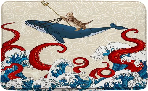 Miniatura 3 de Tapete de baño de tentáculos de pulpo, océano rojo, kraken, animales náuticos, tentáculos de pulpo, grandes olas japonesas, divertido, gato