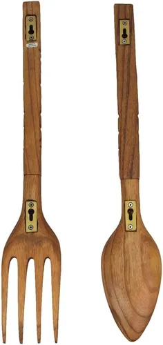 Miniatura 9 de Zeckos Arte de decoración de pared con cuchara y tenedor de madera tallada con diseño Tiki – Juego de decoración de utensilios de madera – 16