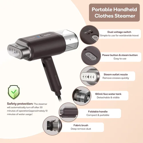 Miniatura 3 de Newbealer Pro Business Travel Steamer, 1200 W de doble voltaje, 6.1 fl oz (marrón) Foldable & 20s Fast Heat, 360° Anti-Spill Garment Steamer