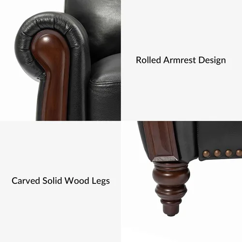 Miniatura 3 de HULALA HOME Sofá de cuero genuino de 3 plazas, sofá tradicional para sala de estar con patas de madera maciza talladas, color negro
