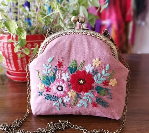 Miniatura 4 de Gogobear Fácil bordado DIY bolsos monedero monedero bolso rosa flores hecho a mano bordado bolso cruzado Flores rosas