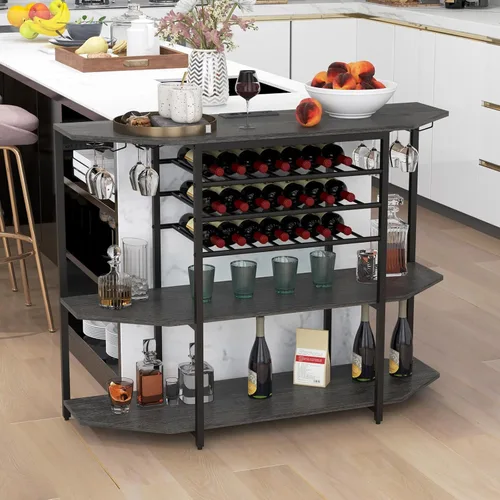 Miniatura 9 de COSTWAY Armario para bar de vinos, gabinete de licor de 3 niveles con tomas de corriente, estantes para botellas de vino, soportes de vidrio, Gris