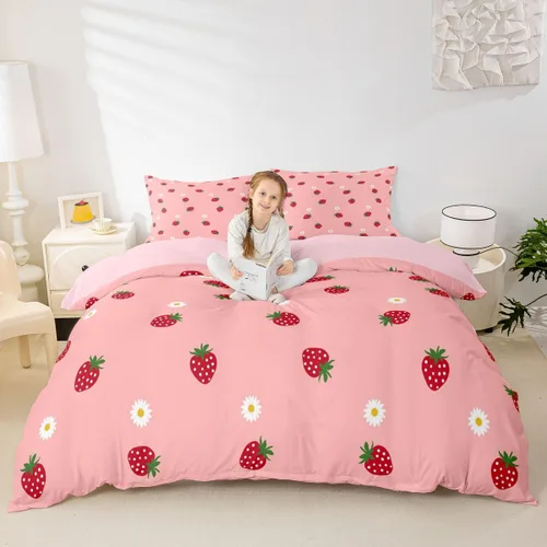 Miniatura 11 de Funda de Edredón Rosa Tamaño Queen para Niñas con Rayas Blancas, Juego de Ropa de Cama Decorativa, Funda de Edredón de Estilo Simple y Moderno
