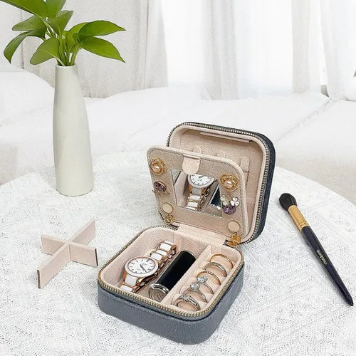 Miniatura 5 de Soddeph Joyero de terciopelo con espejo, mini estuche de joyería de viaje, estuche de viaje de joyería de felpa, pequeño organizador de joyas