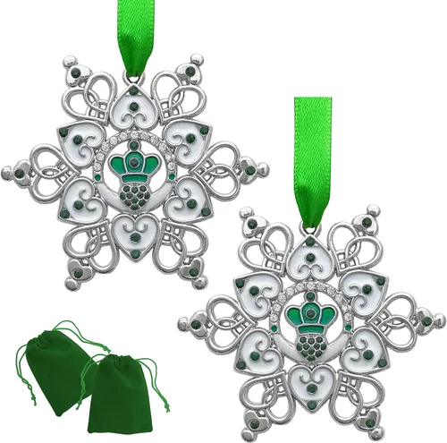 Miniatura 10 de Adorno de Navidad irlandés – Claddagh – Copo de nieve irlandés – Filigrana de metal y joyas – Bolsa de almacenamiento de regalo incluida mide 3 x 3
