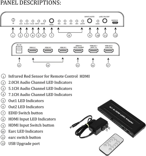 Miniatura 3 de 4x2 HDMI 2.0 eARC Audio Extractor & Switch, 4k HDMI eARC adaptador compatible con control remoto IR, interruptor eARC/ARC, barra de sonido, HDCP