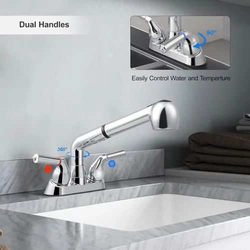 Miniatura 4 de Grifo de lavabo utilitario, grifo de lavadero con rociador extraíble, grifo de plástico ABS, centro de 4 pulgadas, instalación de 3 agujeros,