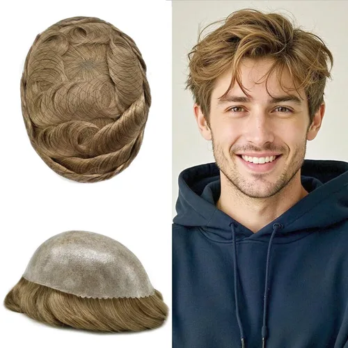 Miniatura 29 de Toupee - Sistema de reemplazo de cabello humano real de 0.004 in para hombres, con inyección, poliuretano duradero, piel fina, línea capilar
