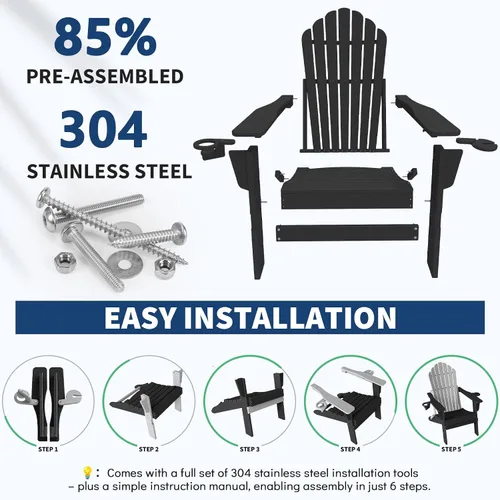 Miniatura 8 de Plawdlik Juego de 2 sillas plegables Adirondack de HDPE, sillas de patio al aire libre resistentes con soportes dobles para tazas, silla para Negro