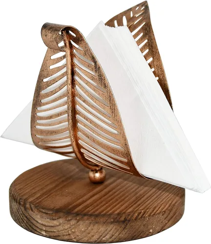 Miniatura 3 de OwlGift Servilletero moderno independiente con hoja de metal de bronce y diseño de base de madera marrón, dispensador de pañuelos de mesa