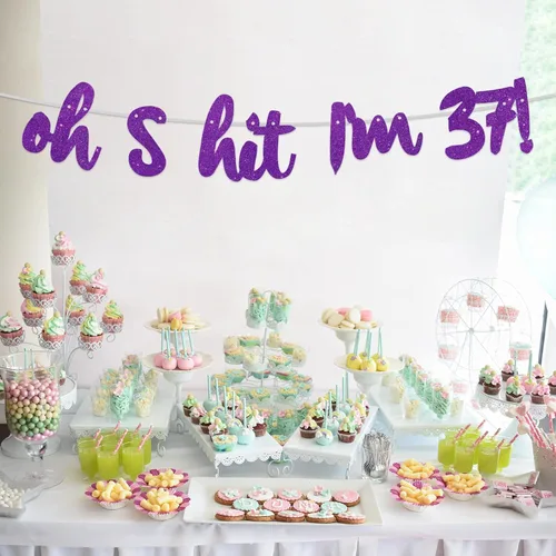 Miniatura 6 de Oh S*it I'm 37! - Fondo de pancarta con purpurina púrpura Hello 37 Cheers to 37 años de edad, decoración temática para niños y niñas, suministros