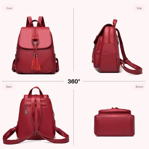 Miniatura 6 de FANDARE Mochila vintage para mujer con borla, mochila de cuero PU para mujer, Negro, Grande