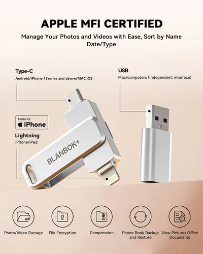 Miniatura 2 de Dispositivo de Fotos para iPhone de 256GB con Certificación MFi, Unidad Flash USB para Respaldo de Fotos/Videos, Memoria USB de Alta Velocidad