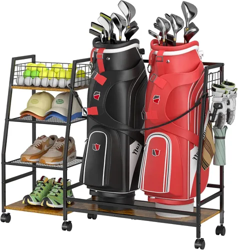 DAOUTIME Estante de almacenamiento para bolsas de golf para garaje con ruedas, organizador para bolsa de golf y accesorios de equipo, soporte