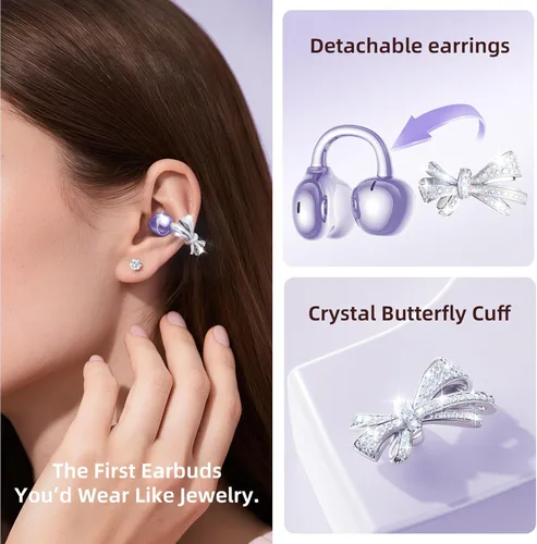 Miniatura 2 de Kinglucky Elegantes Auriculares Clip de Oreja Abierta con Aretes de Lazo de Joyería, Ajuste Ligero y Cómodo, Audífonos de Botones de Oreja Abierta