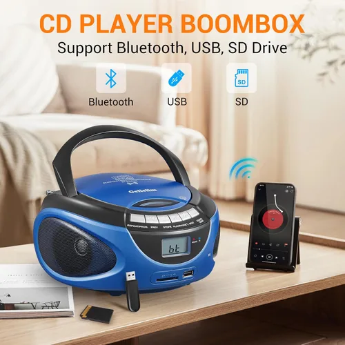 Miniatura 4 de Gelielim Reproductor de CD Boombox portátil, reproductores de CD de carga superior para el hogar con Bluetooth, radio estéreo AM FM, compatible
