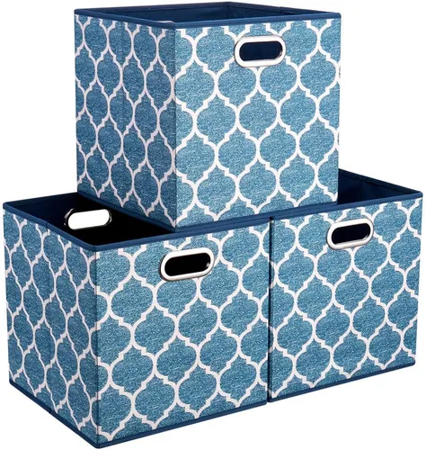 Miniatura 9 de QY-SC05-3 - Cubos de almacenamiento plegables de 13 pulgadas, cajas de almacenamiento de tela a rayas color verde azulado, insertos plegables