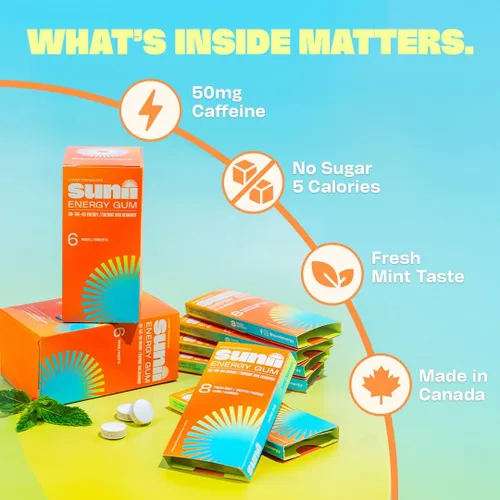 Miniatura 4 de Sunii - Goma de Mascar Energética - Impulso Rápido de Energía y Enfoque - Goma de Mascar con 50mg de Cafeína, Sabor a Menta Fresca - Vitaminas B6