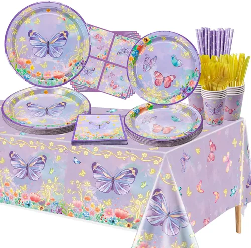 Decoraciones de fiesta de mariposas: 166 platos de mariposa morada, servilletas, vasos, mantel y pajitas para suministros de fiesta de cumpleaños,