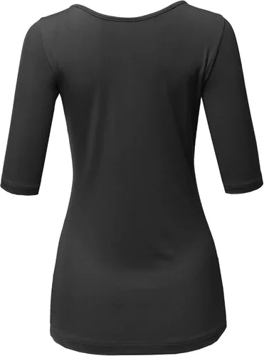 Miniatura 3 de SSOULM Camiseta básica elástica de manga 12 con cuello redondo y corte ajustado para mujer, talla grande