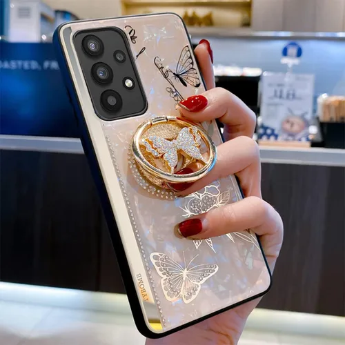 Miniatura 4 de Funda para Galaxy A13 5G con función atril, bonita carcasa de mármol con mariposa floral con espejo de soporte, elegante funda protectora a prueba