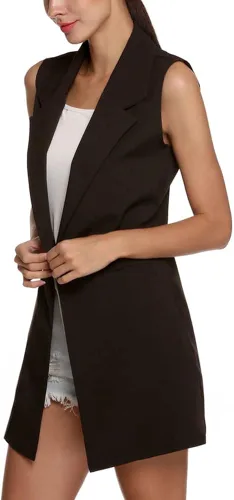 Miniatura 2 de chouyatou Chaleco largo sin mangas con cuello de solapa para mujer, estilo casual, con parte delantera abierta