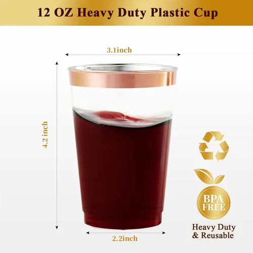 Miniatura 4 de Vplus Paquete de 150 vasos de plástico transparente reutilizables con borde de oro rosa de 12 onzas, vasos desechables de plástico resistentes