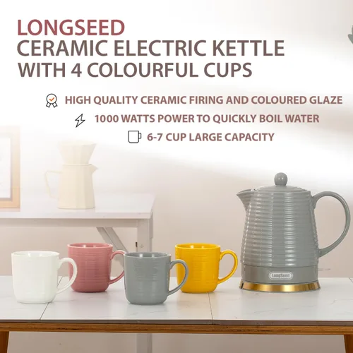 Miniatura 3 de Hervidor eléctrico de cerámica de 1.2 litros con infusor y taza, tetera de 1000W para hervir agua, hervido rápido, protección contra hervido