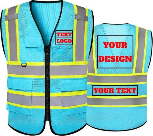 Chaleco de seguridad reflectante de malla con logotipo personalizado Clase 2 con 5 bolsillos y cremallera Azul-1 paquete