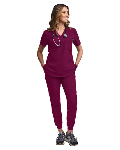 Miniatura 6 de Green Town Conjunto de ropa quirúrgica para mujer, pantalón deportivo y parte superior con cuello en V, 5 bolsillos, cintura de yoga, uniforme